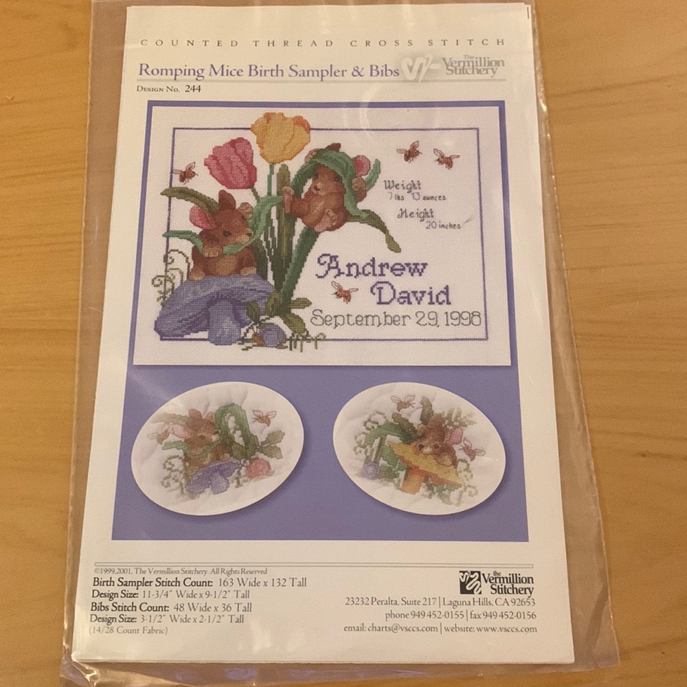 VERMILLION STITCHERY ROMPING MICE BIRTH SAMPLER +BIBS COUNTED CROSS STITCH PAT